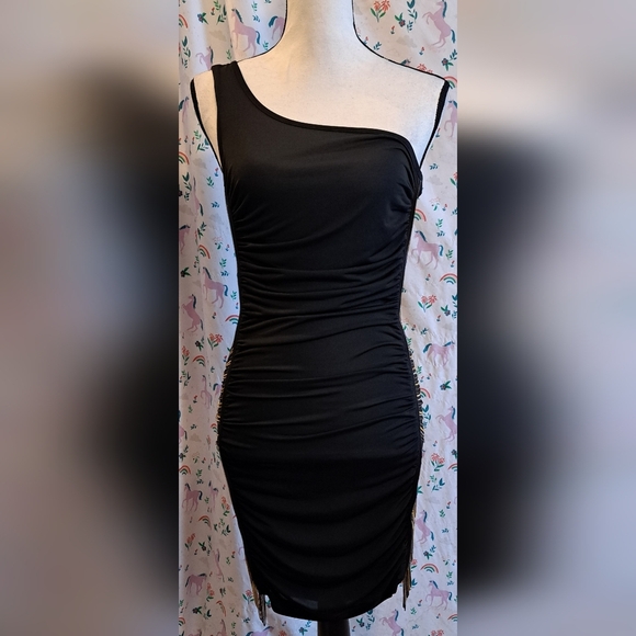 Iron Dresses & Skirts - NWTIron Boutique Black LBD Bodycon Moto Goth Event Asymetric Chain Dress SZ XS/S